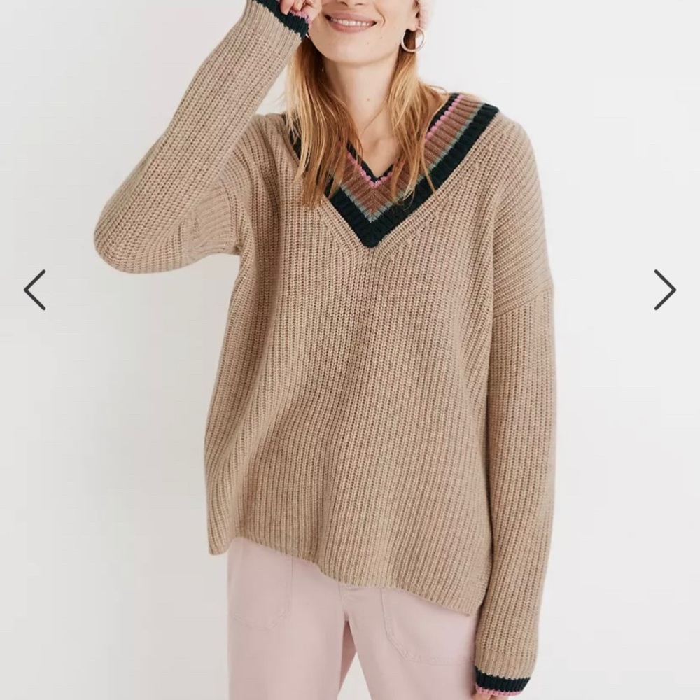 V-Neck Tan Sweater with Striped Trim